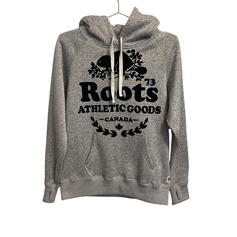 Roots Athletic Goods Canada Beaver Logo Grey Heather Hoodie Pullover Raglan L